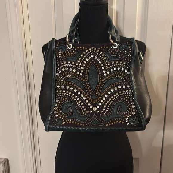 Montana West Blue Satchel with Studded Design - Picture 1 of 9